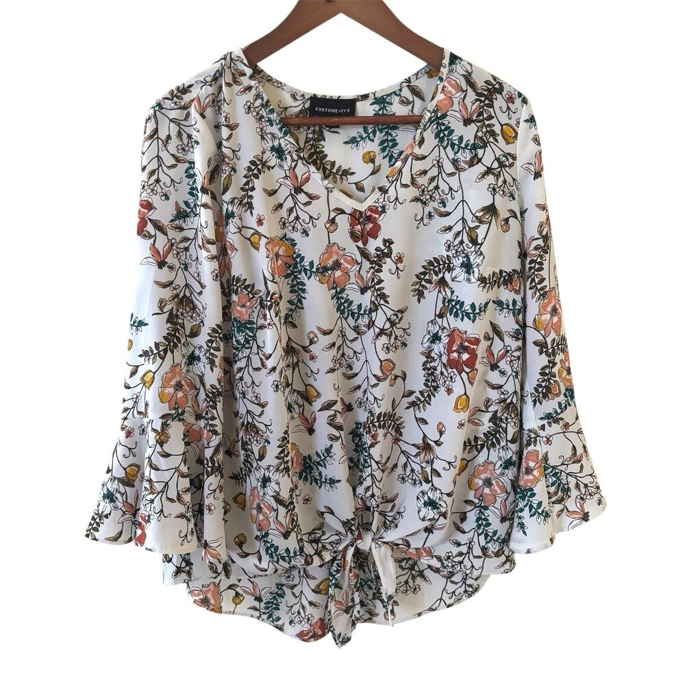 Boho Floral Womens Top Size Medium‎ Blouse White Colorful Comfort Bloomcore Work